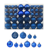 A box of 100 blue plastic Christmas balls in three sizes, shiny and glittery.