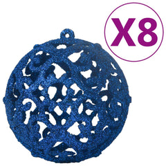 Blue plastic Christmas ball ornament with glittery filigree design and purple x8 quantity label.