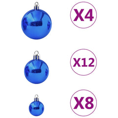 Blue plastic Christmas ball ornaments in three sizes, with quantities of 32 small, 36 medium, and 32 large.