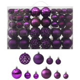Set of 100 purple plastic Christmas ball ornaments in various sizes, in a storage box.