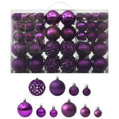 Set of 100 purple plastic Christmas ball ornaments in various sizes, in a storage box.