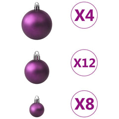 Purple plastic Christmas ball ornaments in three sizes with quantities x4, x12, and x8.