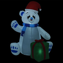 6ft inflatable polar bear with LED lights, hat, scarf, and gift box for outdoor decor.