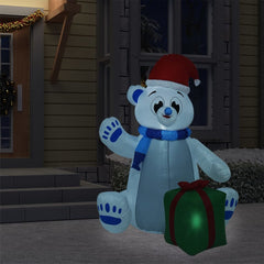 6ft inflatable polar bear wearing a hat and scarf with LED lights for outdoor holiday decor.