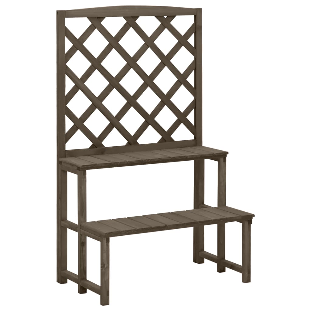 Gray solid fir wood plant stand with trellis, featuring two shelves and a ladder design.