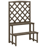 Gray solid fir wood plant stand with trellis, featuring two shelves and a ladder design.
