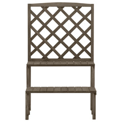 Gray solid fir wood plant stand with trellis, featuring two shelves and lattice back.