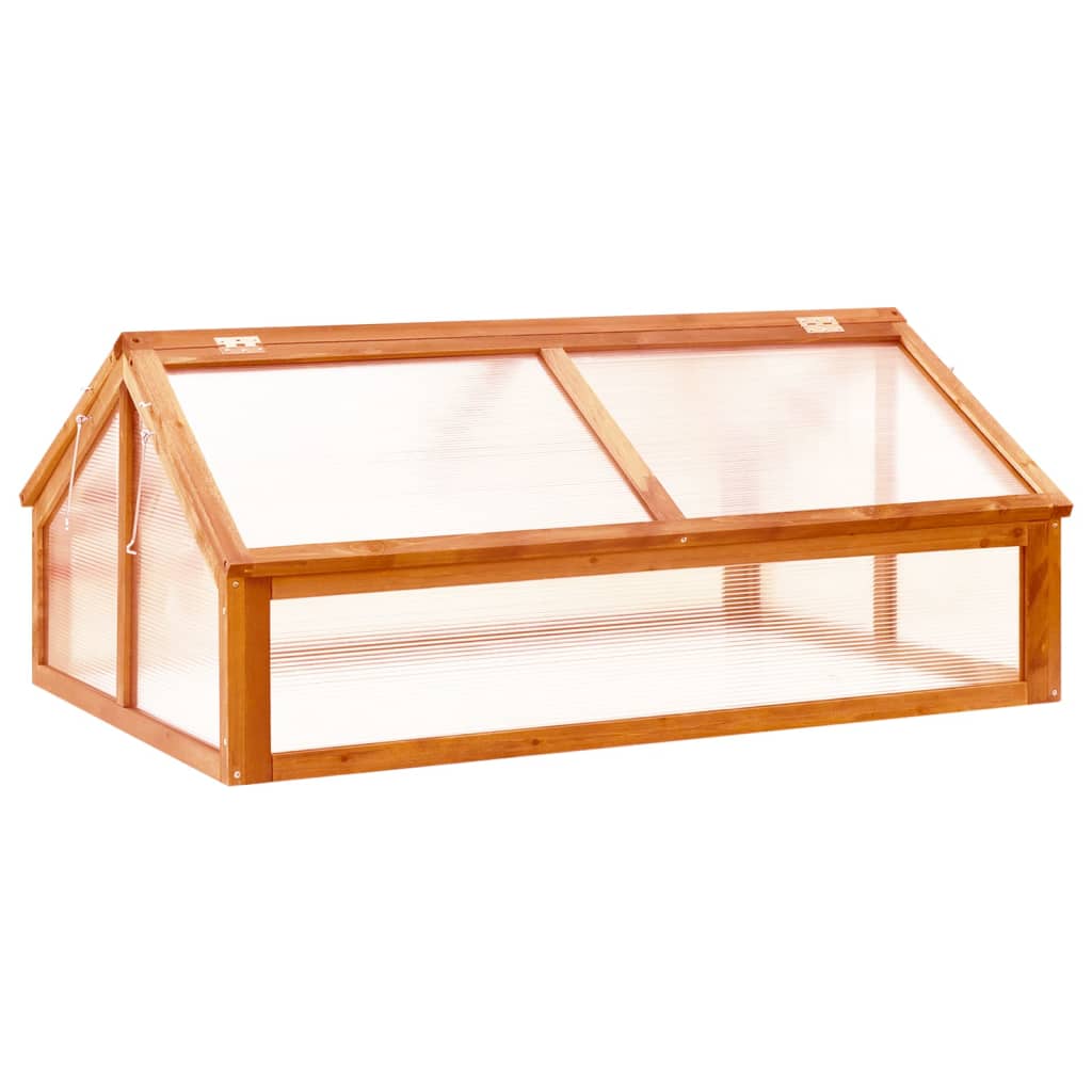 Brown firwood garden greenhouse with hinged dual-opening transparent roof panels.