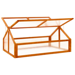 Brown firwood garden greenhouse with hinged lid and dual-opening roofs, 44.8x31.4x19.6 inches.