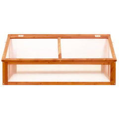 Brown firwood garden greenhouse with dual-opening roof and clear panels, 44.8x31.4x19.6 inches.