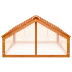Brown firwood garden greenhouse with dual-opening roofs and hinged lid, 44.8x31.4x19.6 inches.