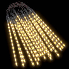 20 pieces of 1-foot warm white LED meteor rain lights with 480 LEDs, hanging in strands.