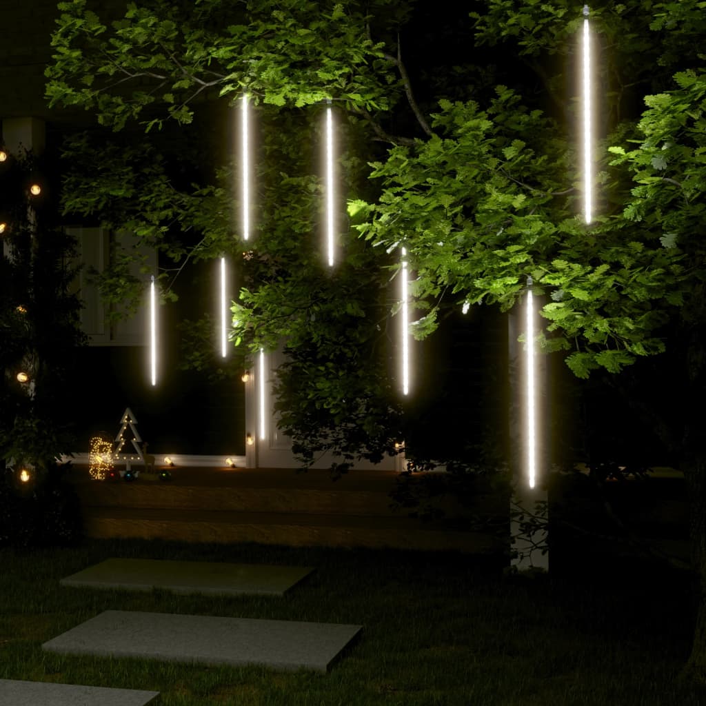 Eight 2ft cold white LED meteor rain lights with 288 LEDs for indoor and outdoor use.