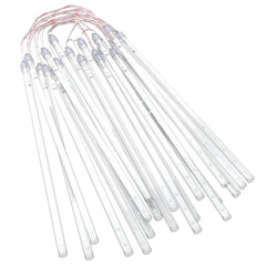 Blue LED meteor shower lights with 20 plastic tubes, each 1ft long, for indoor/outdoor use.