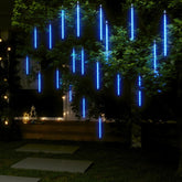Blue LED meteor shower lights with 20 tubes, each 1ft long, for indoor or outdoor use.