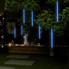 Eight 2ft blue LED tubes with a twinkling meteor shower effect for outdoor decor.