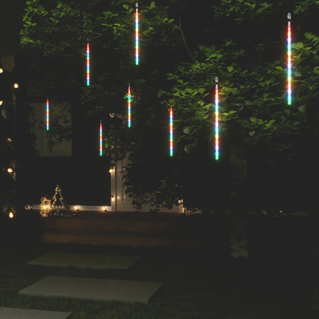Eight colorful LED meteor shower lights in 1ft tubes for indoor or outdoor use.