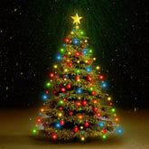 A green Christmas tree adorned with colorful LED net lights featuring 150 bulbs.