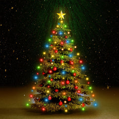 Christmas tree decorated with colorful LED net lights and a glowing star on top.