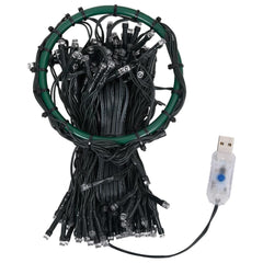 Green net of 210 colorful LED Christmas tree lights with USB controller.