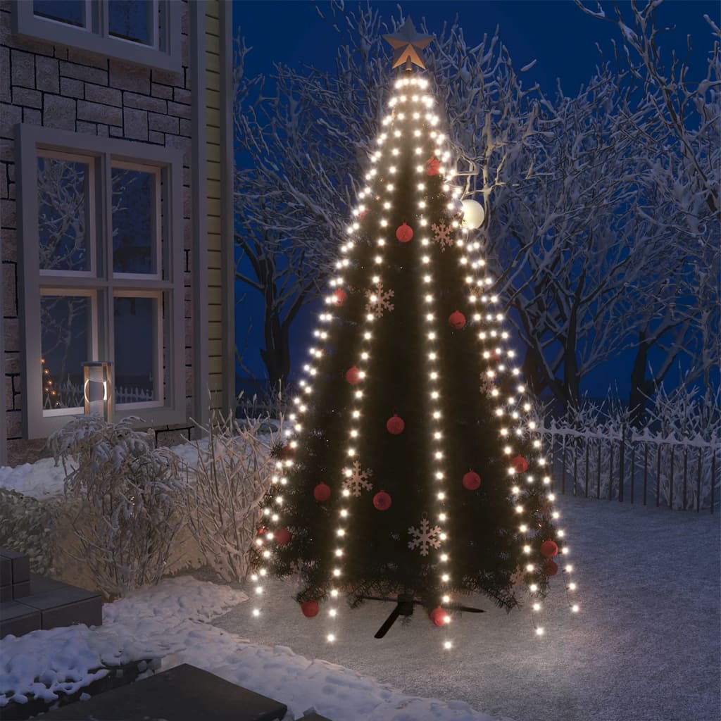 A 98.4-inch Christmas tree net light with 250 cold white LEDs draped over a snowy outdoor tree at night.