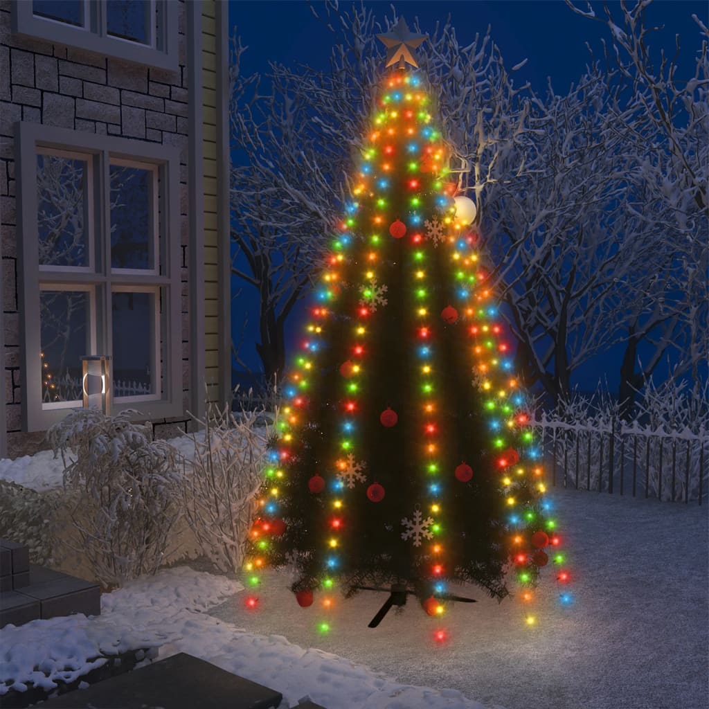 Colorful LED net lights with 250 bulbs draped over an 8-foot Christmas tree outdoors at night.
