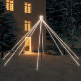 16ft LED Christmas tree with 800 cold white lights, set up outdoors against a snowy building at night.