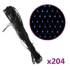 Blue LED net Christmas lights, 9.8 by 6.6 feet with 204 LEDs, shown unlit and lit.