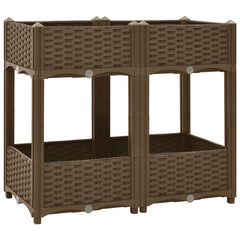 Brown polypropylene raised garden bed with shelves, 31.5x15.7x28 inches.