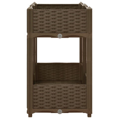 Brown polypropylene raised garden bed with two shelves, 31.5x15.7x28 inches.