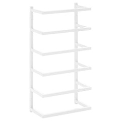 White steel wall-mounted towel rack with five shelves, measuring 9.4x4.7x18.9 inches.