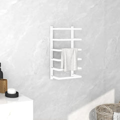 White steel wall-mounted towel rack with multiple bars holding towels, 9.4x4.7x18.9 inches.