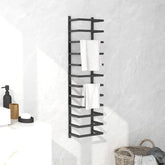 Black steel wall-mounted towel rack, 37.8 inches tall, holding white towels in a bathroom.
