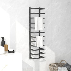 Black steel wall-mounted towel rack, 37.8 inches tall, holding white towels in a bathroom.