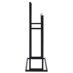 Black iron freestanding towel rack with two tiers for organized bathroom storage.