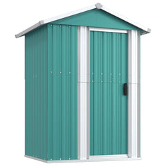 Green galvanized steel garden shed with gabled roof and single door, sized 49.6x38.4x69.7 inches.