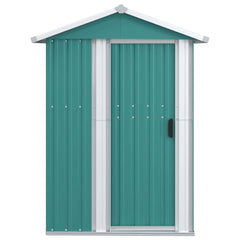 Green galvanized steel garden shed with vertical panels and a single door, sized 49.6x38.4x69.7 inches.