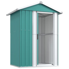 Green galvanized steel garden shed with sliding door and spacious interior, 49.6x38.4x69.7 inches.