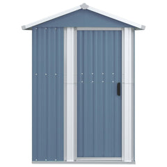 Gray galvanized steel garden shed with sliding door and ergonomic handle for outdoor storage.