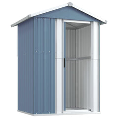 Gray galvanized steel garden shed with sliding door and ergonomic handle for outdoor storage.