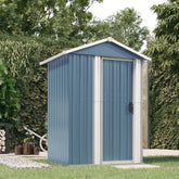 Gray galvanized steel garden shed with sliding door and ergonomic handle for outdoor storage.
