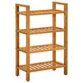 Four-tier solid oak wood shoe rack with easy-grip handles and ventilated shelves.