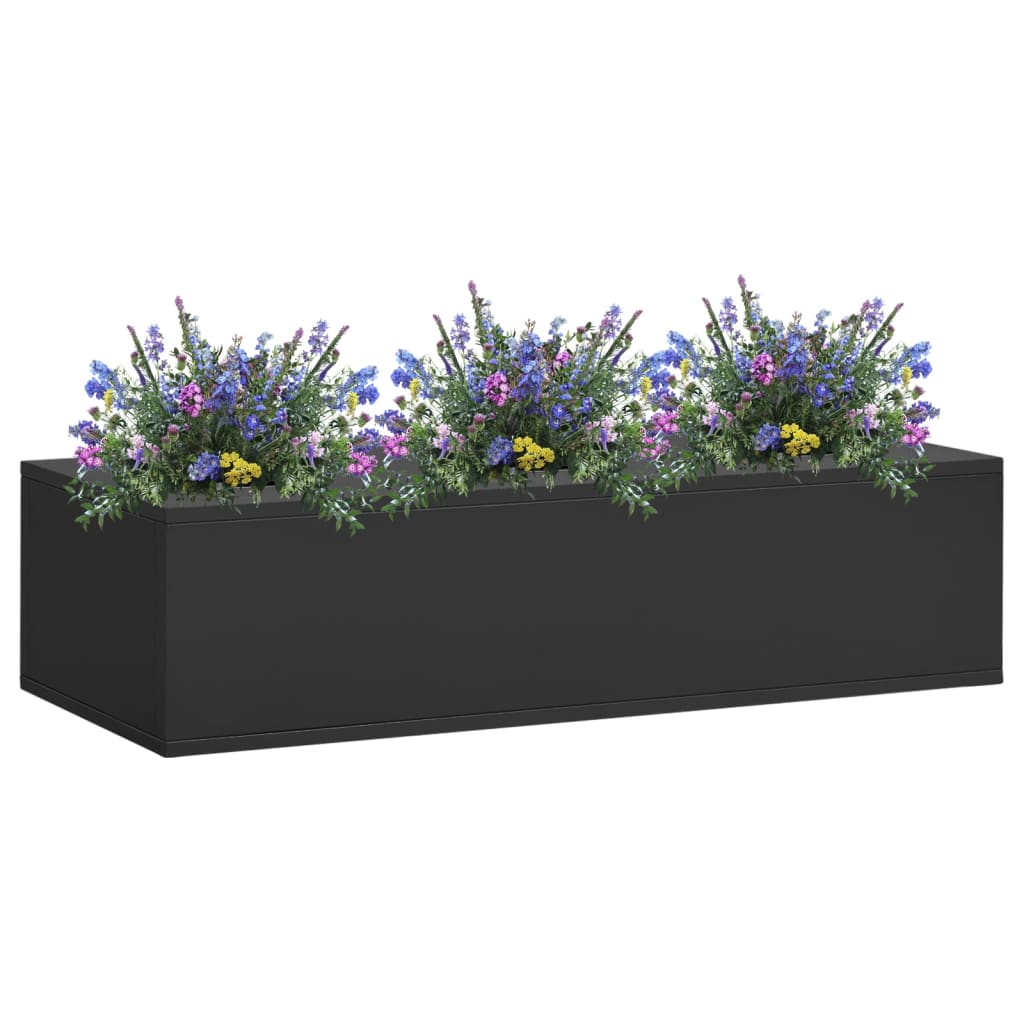 Anthracite steel office flower box, 35.4x15.7x9.1 inches, with purple and yellow flowers.