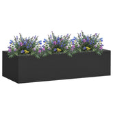 Anthracite steel office flower box, 35.4x15.7x9.1 inches, with purple and yellow flowers.