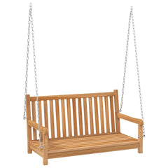 Teak wood swing bench with a smooth finish, spacious seat, and sturdy backrest for outdoor use.