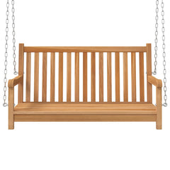 Bostome solid teak wood swing bench with a smooth finish and spacious seat for outdoor use.
