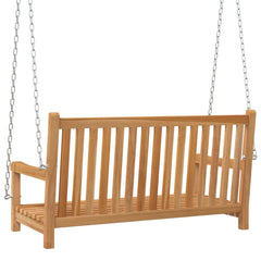 Bostome solid teak wood swing bench with smooth finish and spacious seat for outdoor use.
