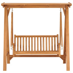 Solid teak wood swing bench with adjustable canopy and slatted backrest in natural finish