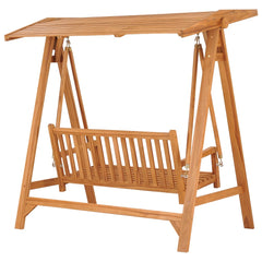 A 66.9-inch solid teak wood swing bench with adjustable canopy and slatted seat.