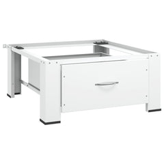 White steel washing machine pedestal with drawer and raised frame.